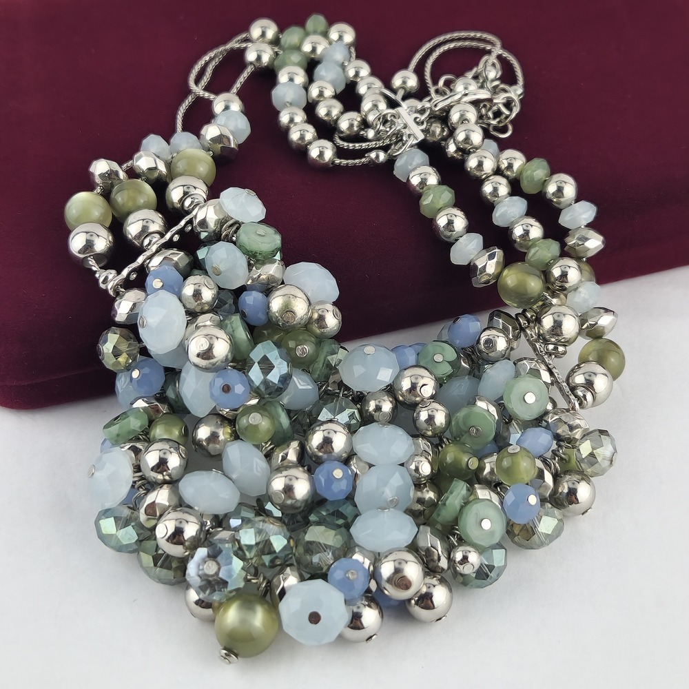 Chico's Blue Green Silver Tone Beaded Statement Bib Necklace Adjustable Signed